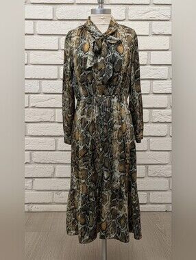 Zara Snakeskin Print Bow-Tie Long Sleeves Midi Dress - Size M